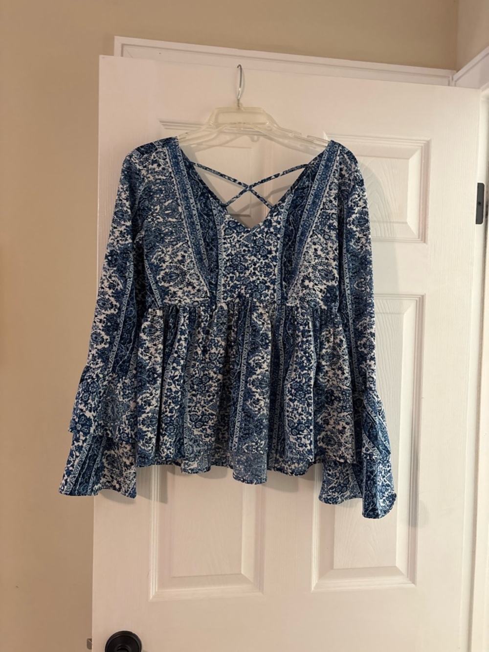 True Craft Blue Floral Peasant Blouse with Crisscross Back
